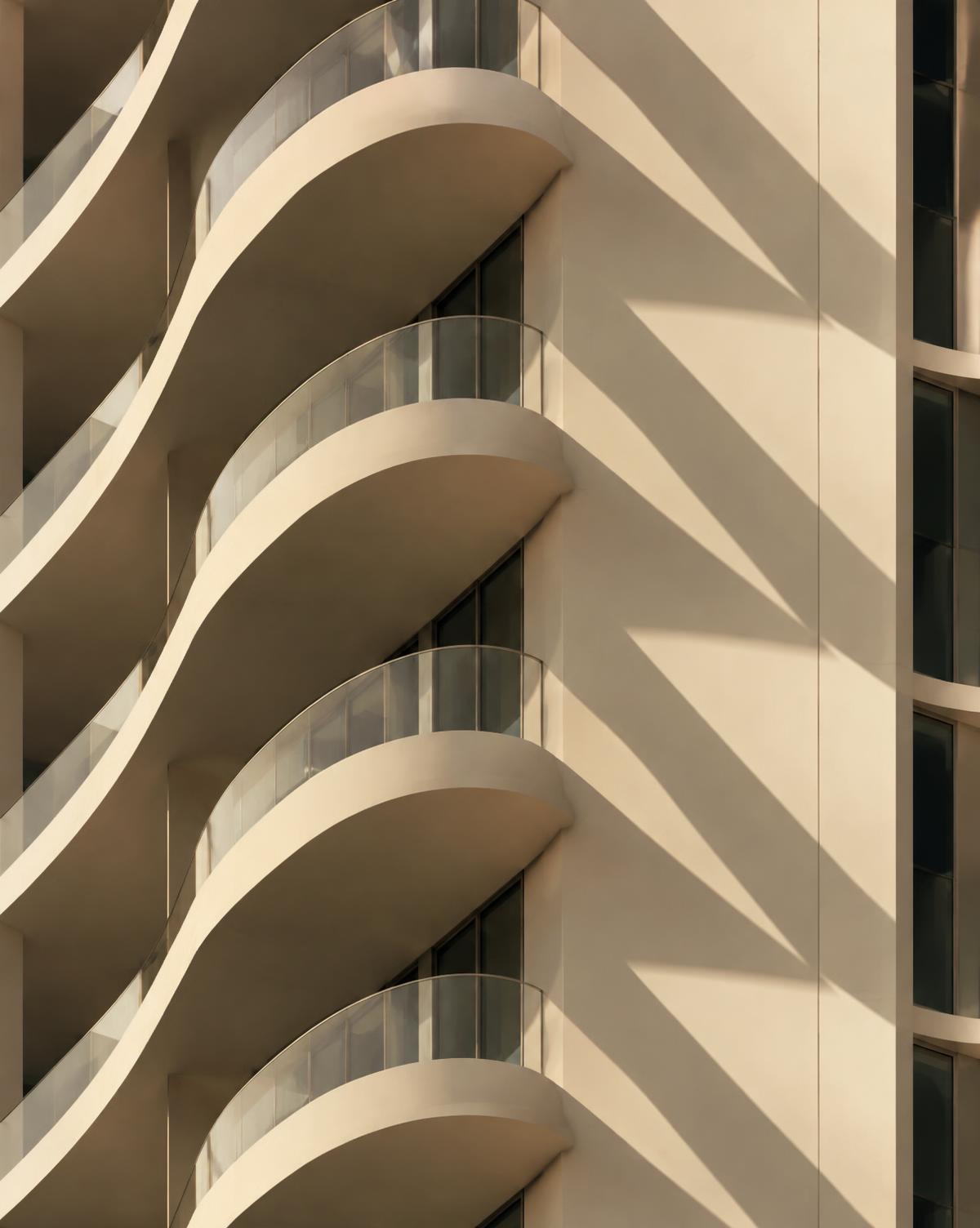 Architectural detail of a Dubai residential tower in warm light