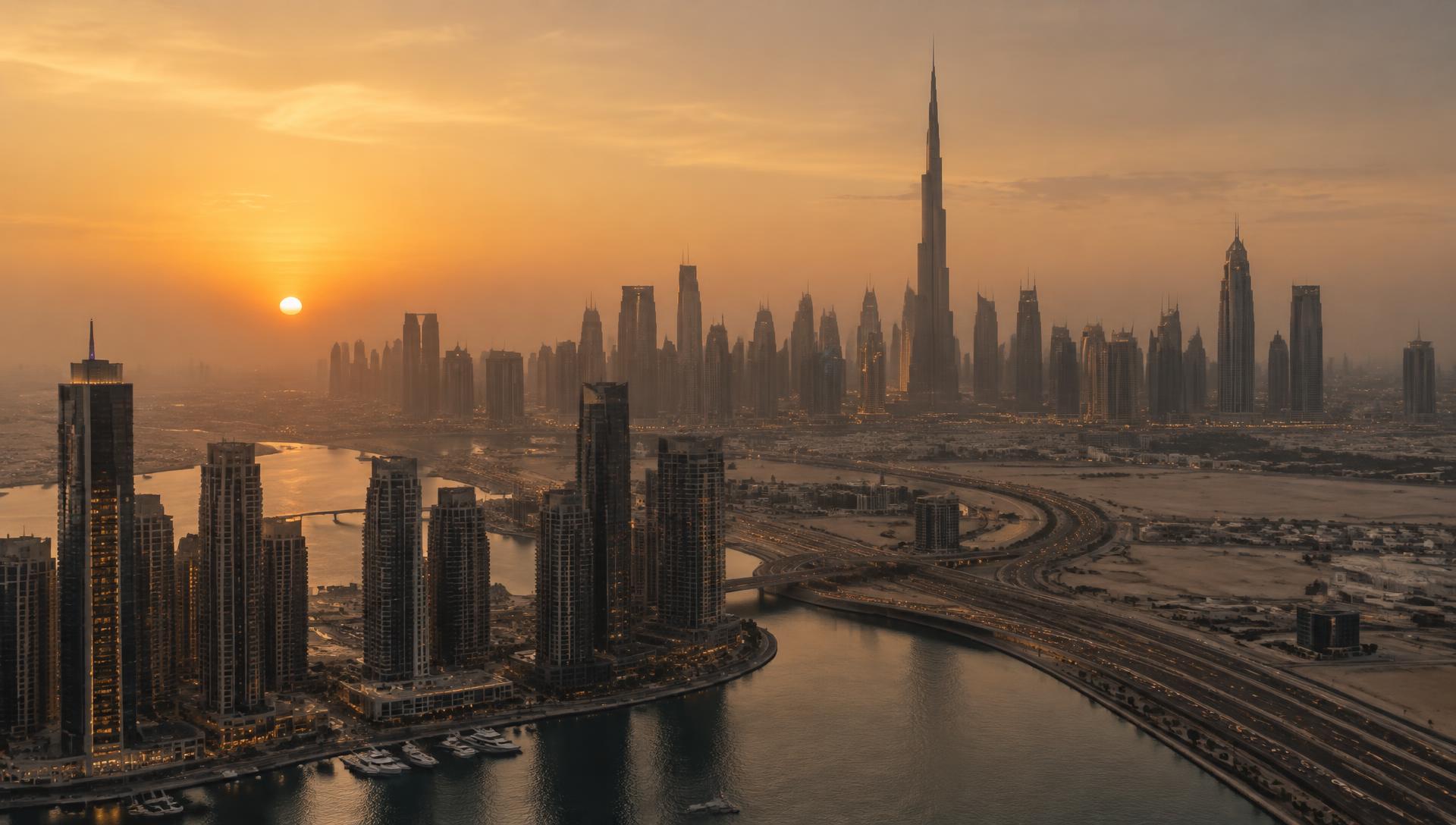 Dubai skyline at dusk seen from above